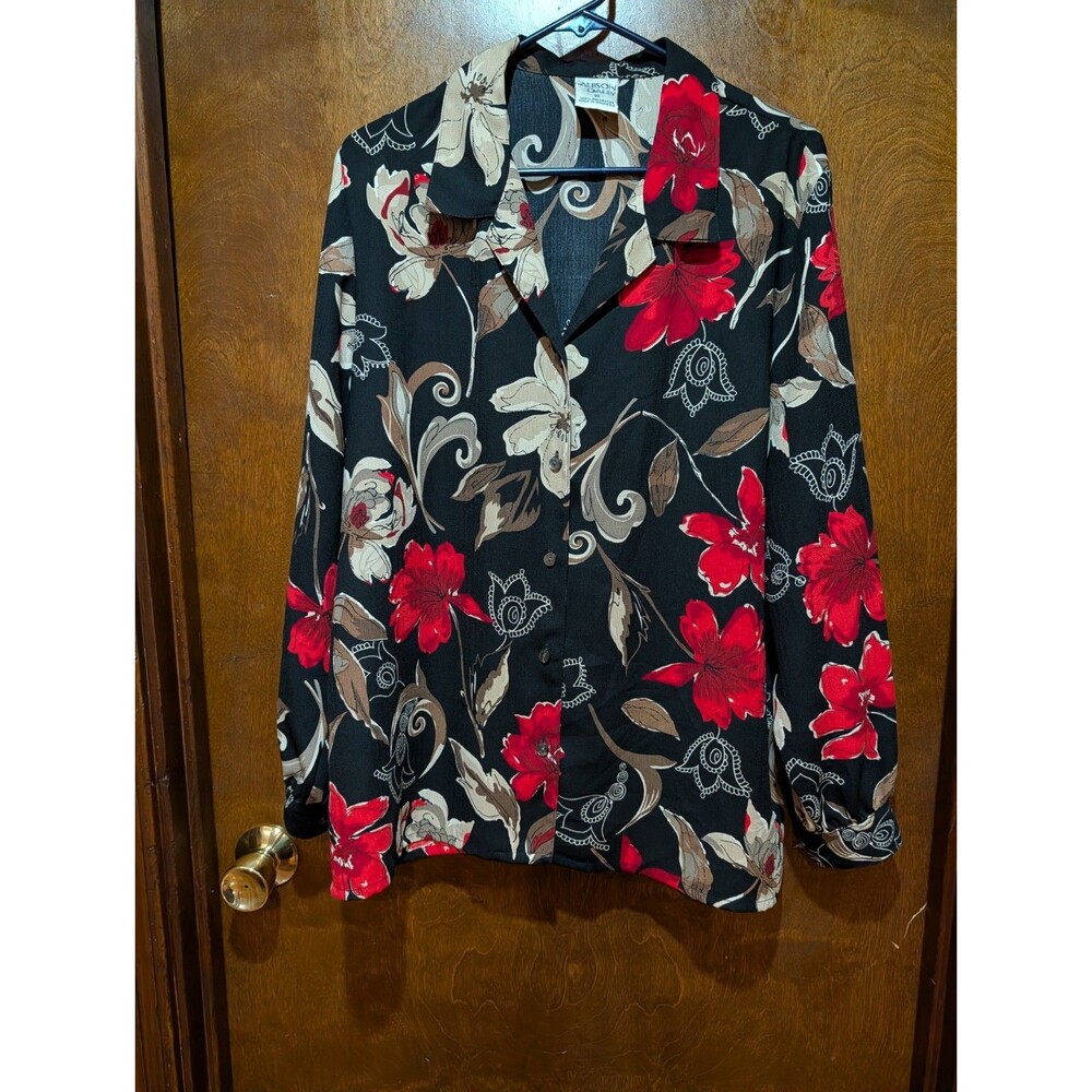 Allison Daley Top Women's 16  Black Red Floral Sheer 3/4 Sleeve Button Up Blouse